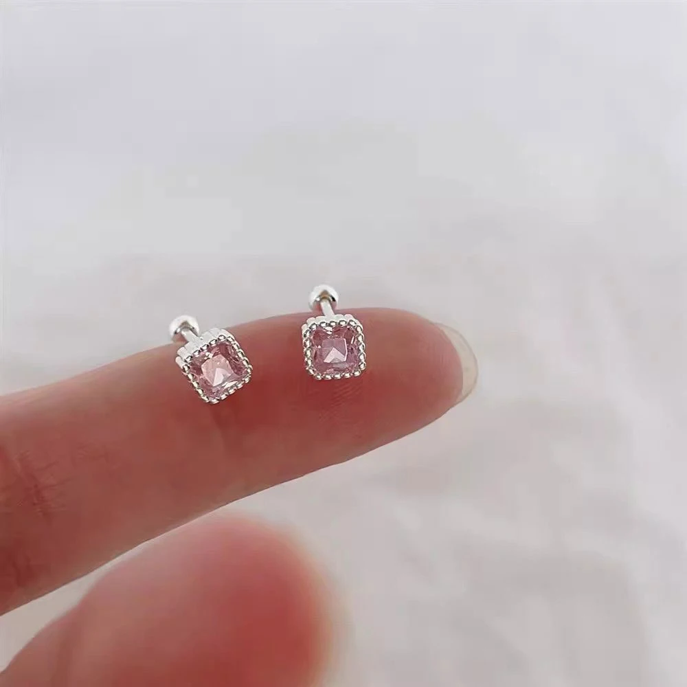 925 Silver Needle Zircon Square Bead Screw Mini Stud Earrings For Women Classic Fine Jewelry Exquisite Accessories