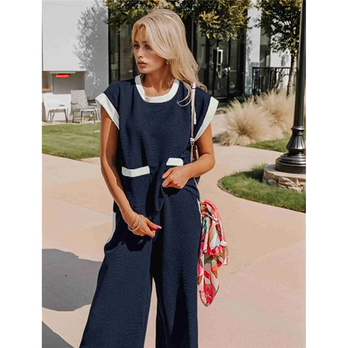 ABQR 여성 여름 라운지 세트 의상 반팔 풀오버 탑 와이드 레그 롱 팬츠 트랙슈트 네이비 블루 + 베이지 화이트 XL