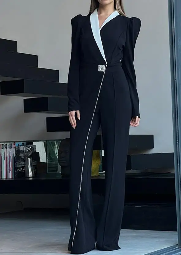 

2026 Новый модный элегантный длинный комбинезон с цветными блоками и длинными пышными рукавами с шальным воротником, повседневный комбинезон из искусственного двух предметов на пуговицах