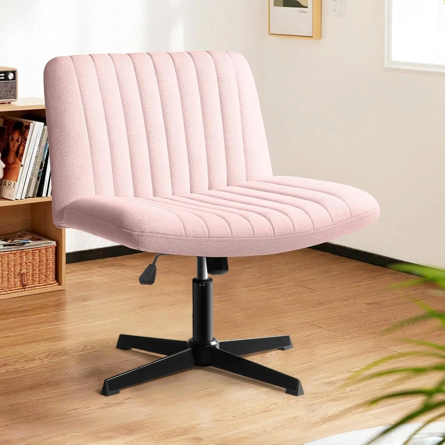 Fabric Padded Desk Chair No Wheels, Armless Wide Swivel Home Office Desk Chair,120° Rocking Mid Back Ergonomic Chair