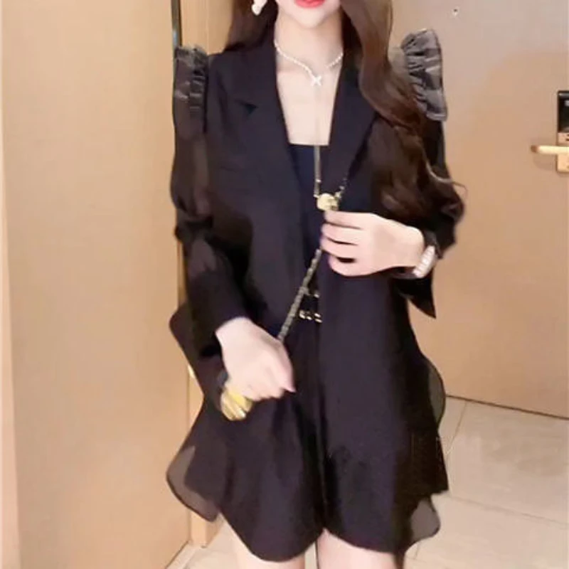 2023 New Temperament Fashion Set Women\'s Westernized Mesh Casual Ruffled Suit Coat Wide Leg Shorts Two Piece Set Fashion