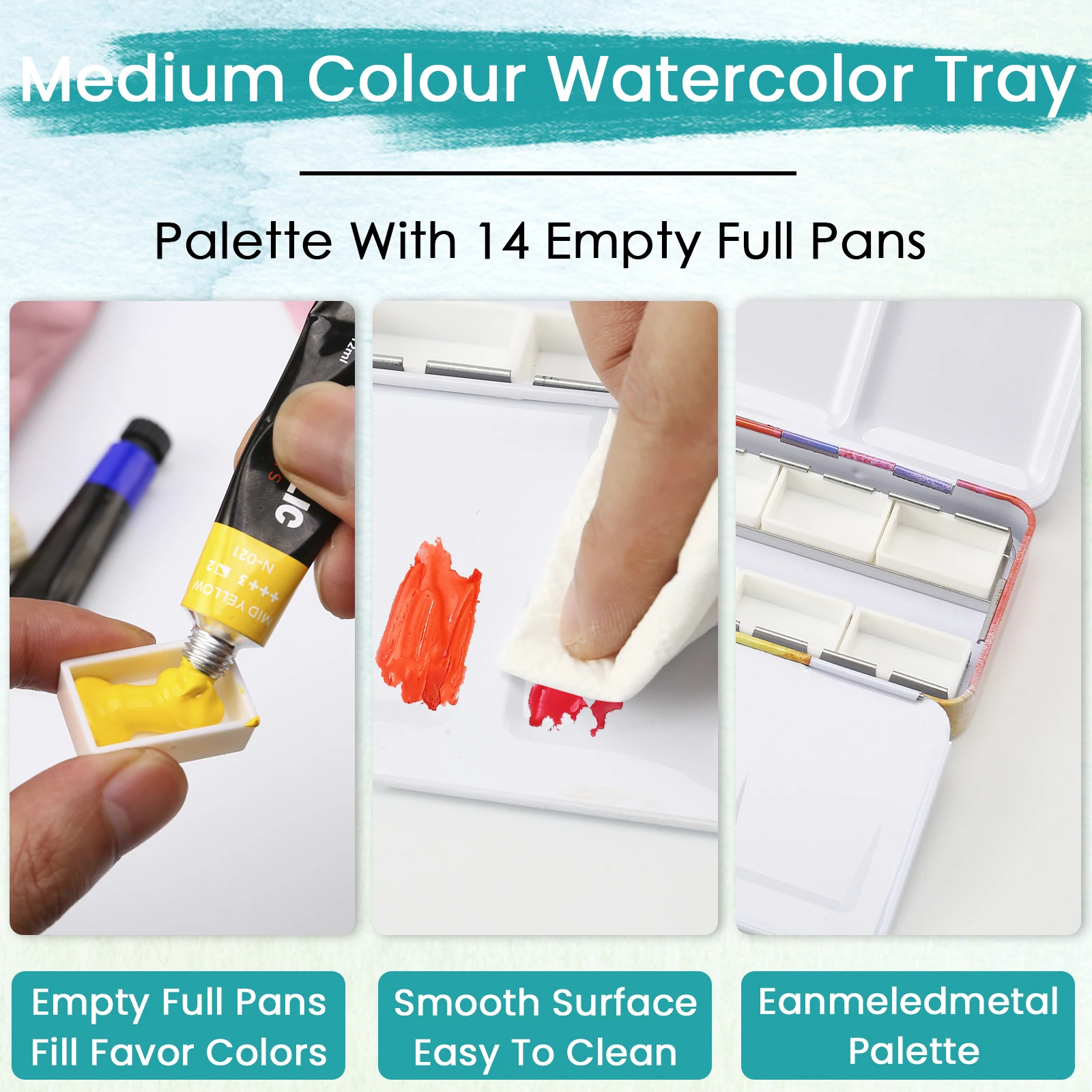 Watercolor Palette Empty w/Paint Tray & 14PCS Empty Full Pans - Sturdy Empty Watercolor Palette Tin - Travel Watercolor Palette