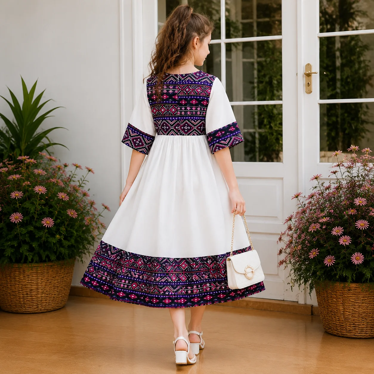 Girls' ethnic-style white embroidered dress, with colorful geometric patterns embellished on the collar, cuffs and skirt, mid-sl