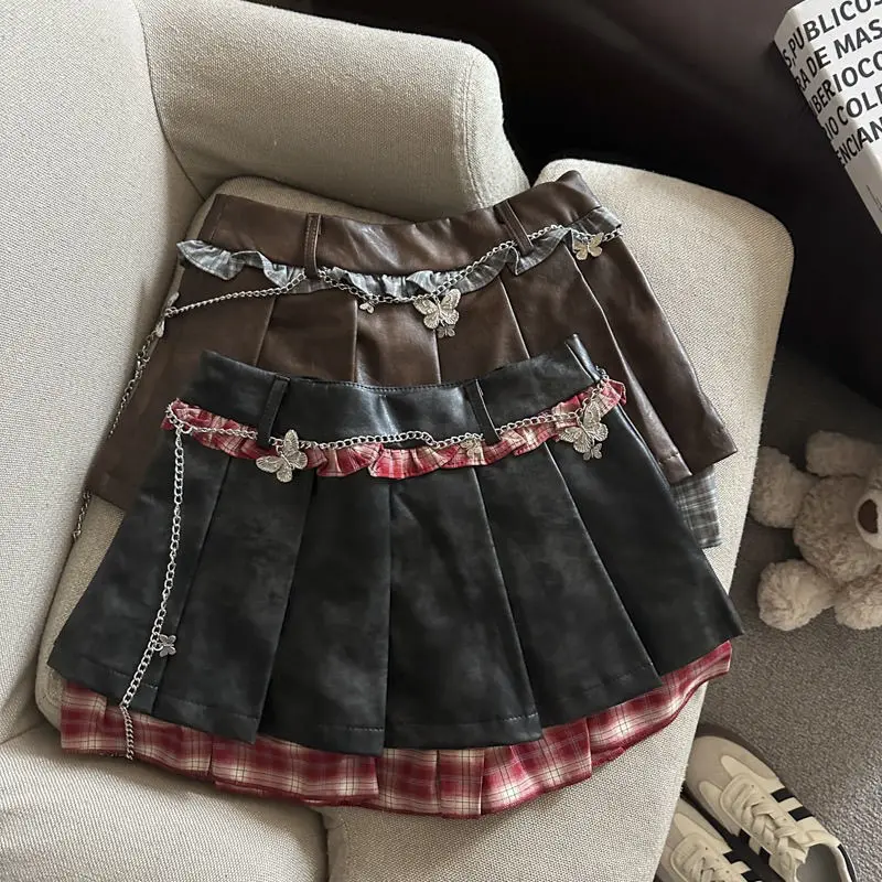 

2025 Autumn New Retro Plaid Splicing Pleated Skirt Design Slim Fit Short Skirt
