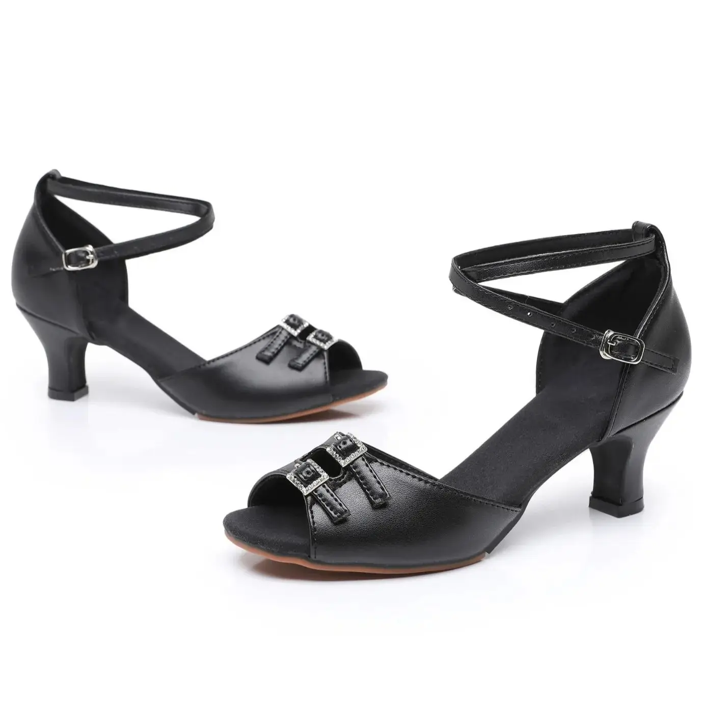 Black Double Buckle Latin Dance Shoes Ladies Salsa Tango Ballroom Party Dancing Shoes Leather Girls High Heel Jazz Dance Sandals