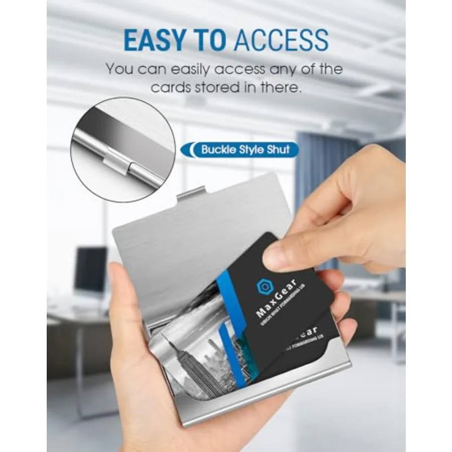 Stainless Steel Business Card Holder, Slim Card Case, Silver Mirror Soft Interior Lining, Buckle Closure, Fits Standard Busines