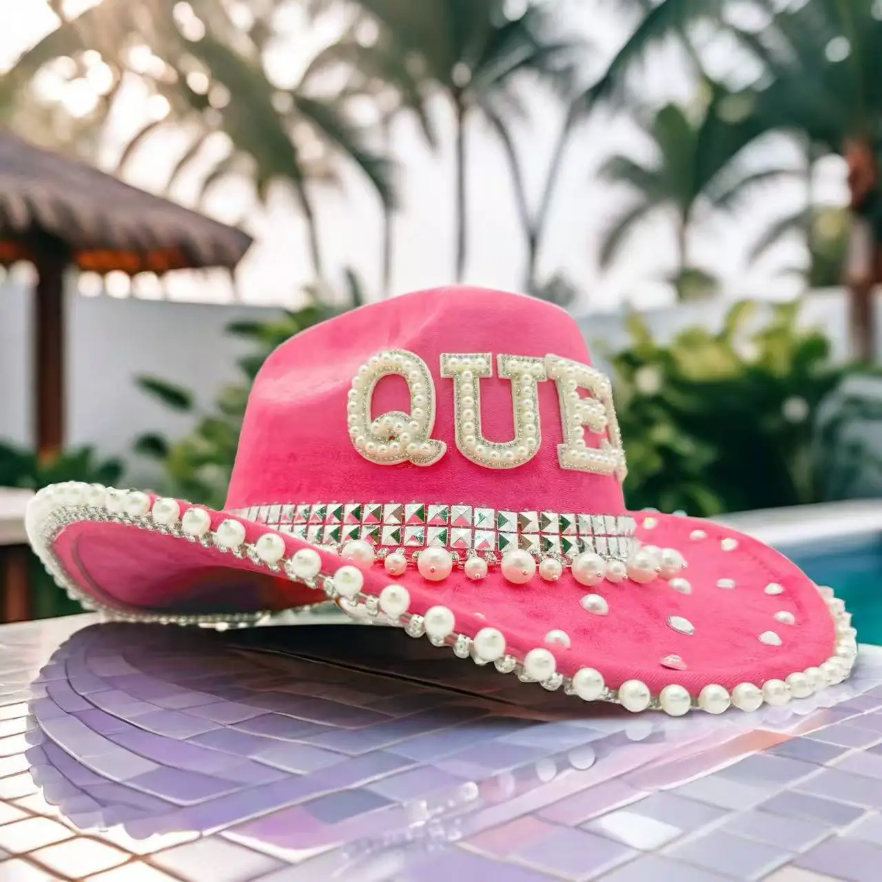 หมวกแฟนซีสีชมพูประดับกลิตเตอร์และคริสตัลสำหรับผู้หญิง ฮงหลวน หมวกคาวบอยสำหรับคอสเพลย์ผู้หญิง และหมวกคาวเกิร์ล