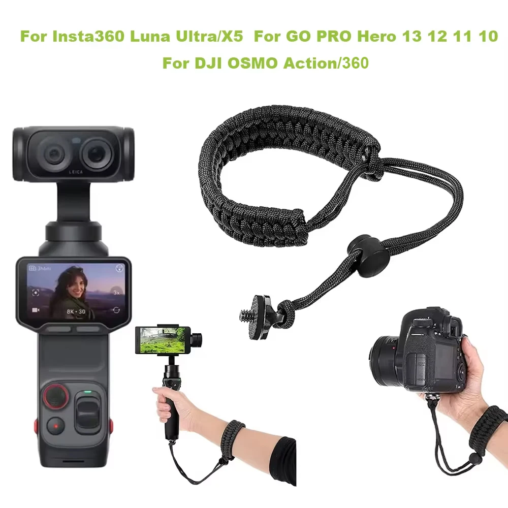 Insta360 Luna Ultra X5 X4、GoPro Hero 13 12、DJI OSMO 360アクションカメラ用ハンドリストストラップ、1/4インチネジアクセサリー、紛失防止