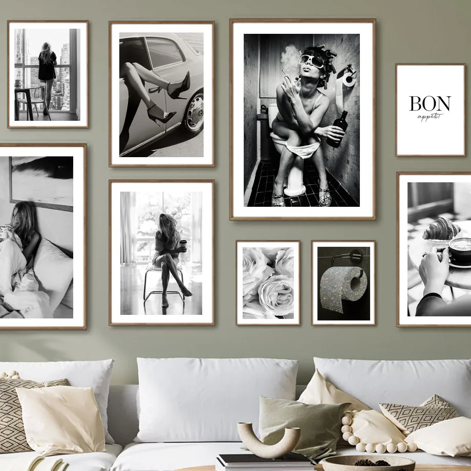 Photography Girl WC Figure Art Photos Canvas Posters Smoking Woman Toilet Paper Mural Home Bathroom Canvas Print Art Painting