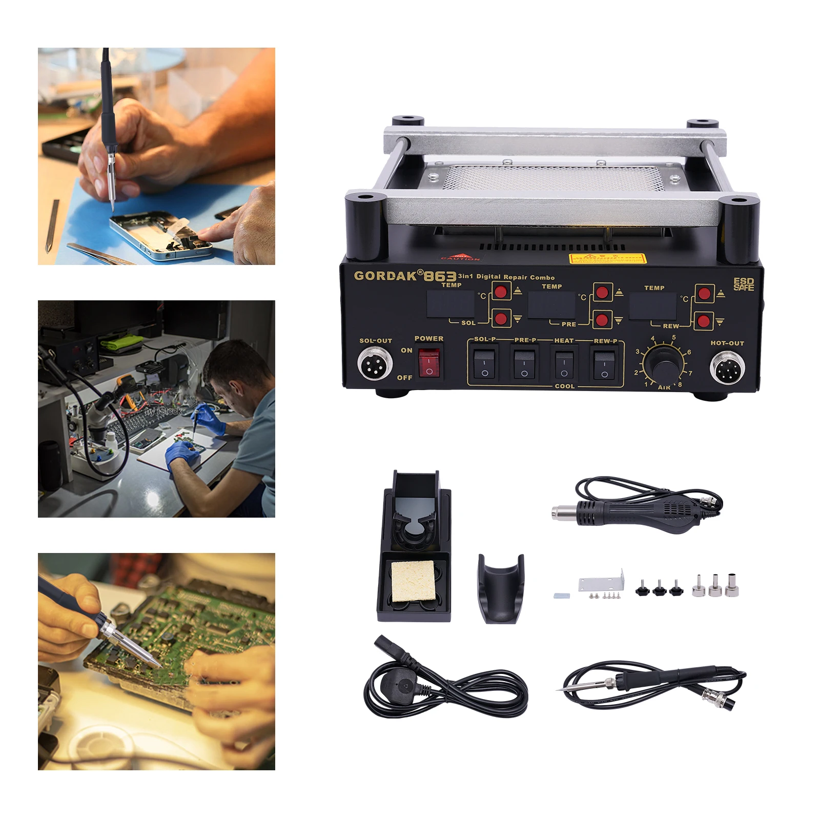 Brushless Hot Air Gun Soldering Station 3 In 1 Repair Rework Station High-temperature-resistant for Thawing and Warming