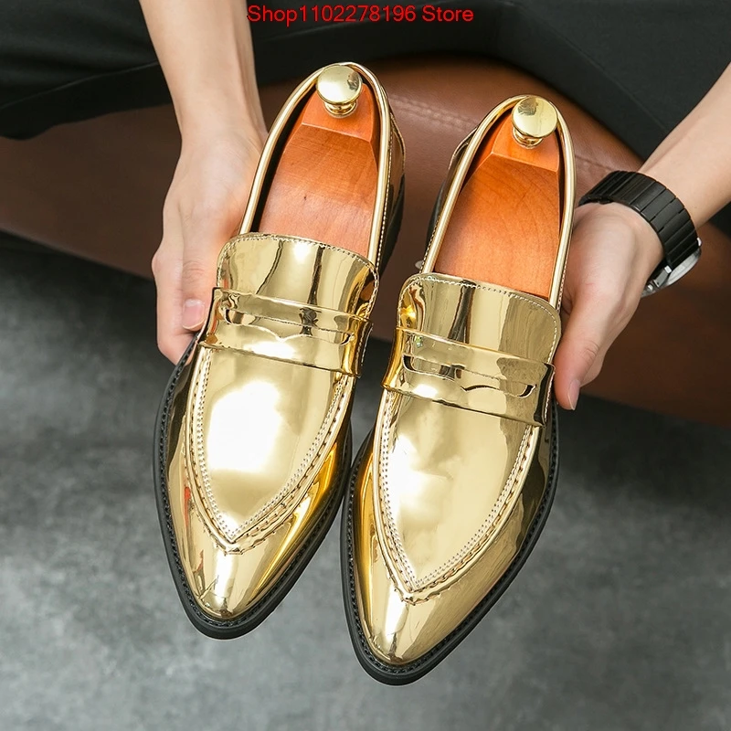 Fashion Purple Green Glitter Men's Dress Patent leather Pointed Slip-on penny loafter Wedding Elegant Non-slip Formal Shoes