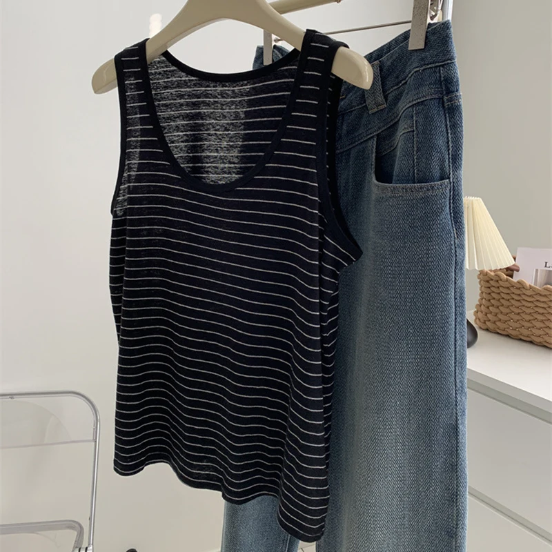 ผู้หญิงฤดูร้อนบางลาย U คอกว้างสายคล้องไหล่เสื้อกั๊ก Cool Breathable เกาหลีใหม่อเนกประสงค์ Contrast Slimming ผ้าลินิน Tank Top