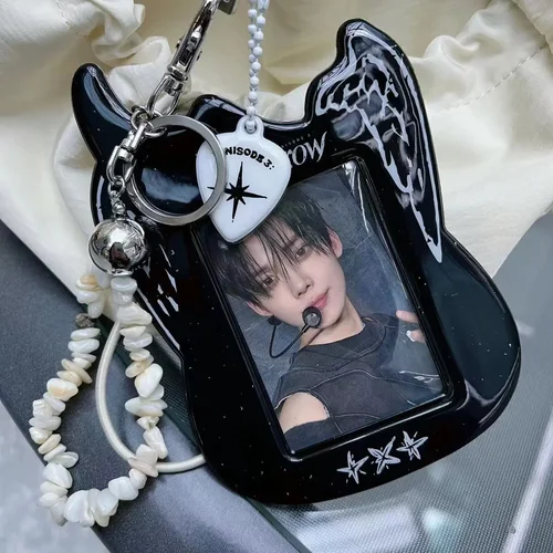 Tarjetero coreano Y2K negro para guitarra, tarjetero de PVC, ídolo Kpop, sesión fotográfica de 3 pulgadas, colgante de exhibición hueco para bolsa, funda para tarjeta de autobús de identificación Keychian