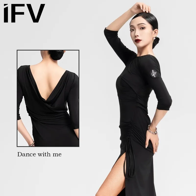 

Customized Bareback Latin Dance Skirt Modern Dance IFV3022 Drawstring Long Sleeve Thin Female Adult Dress Practice Dress