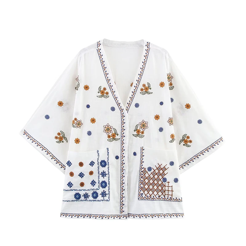 

Casual Vacation Embroidery Shirt Women Front Button V Neck With Pockets Loose Blouse 2025 Streetwear Lady Summer Shirts
