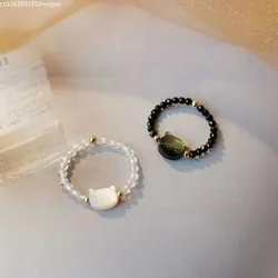 2/1PCS Moonstone Obsidian Rings Minimalist Beads Shell Cat Finger Ring Free Size Accessories for Women Cute Black White