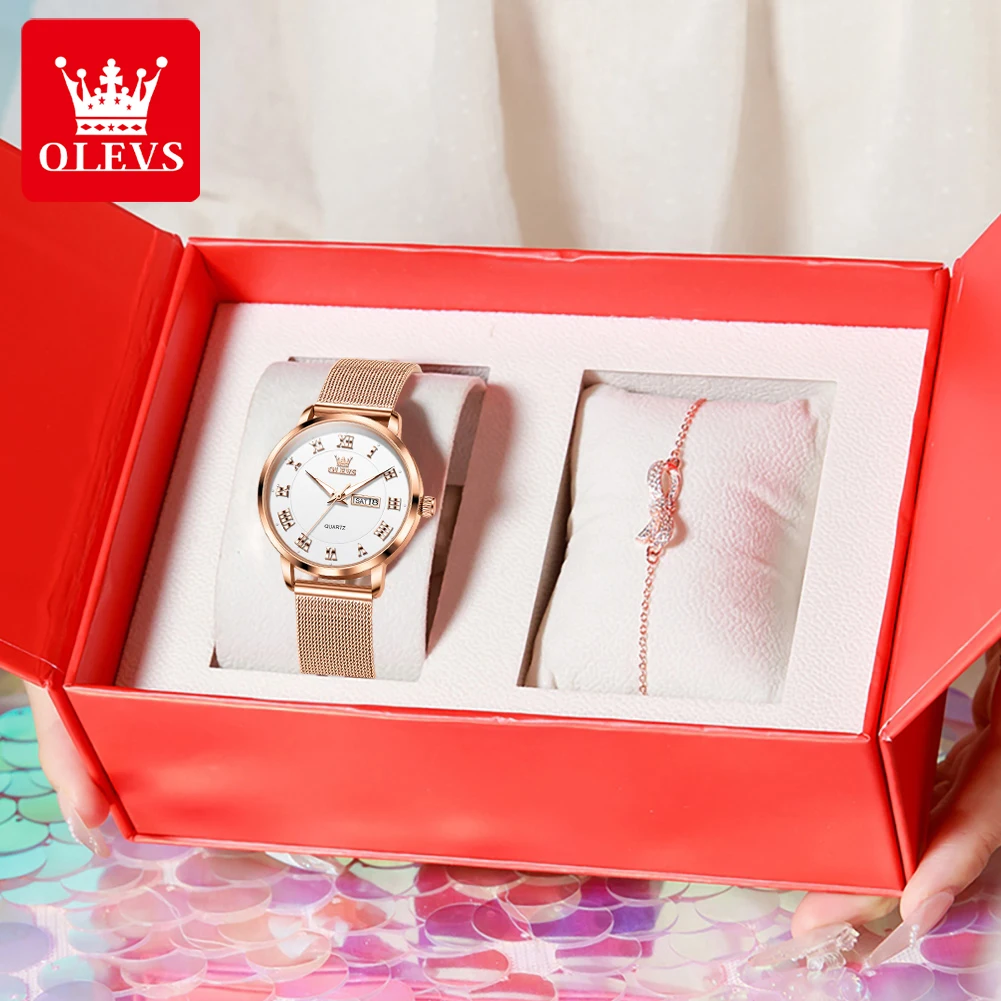 

OLEVS 2920 Woman Watch Elegant Original Quartz Wristwatch Mesh Belt Waterproof Luminous Day Date Watches For Woman Bracelet Set