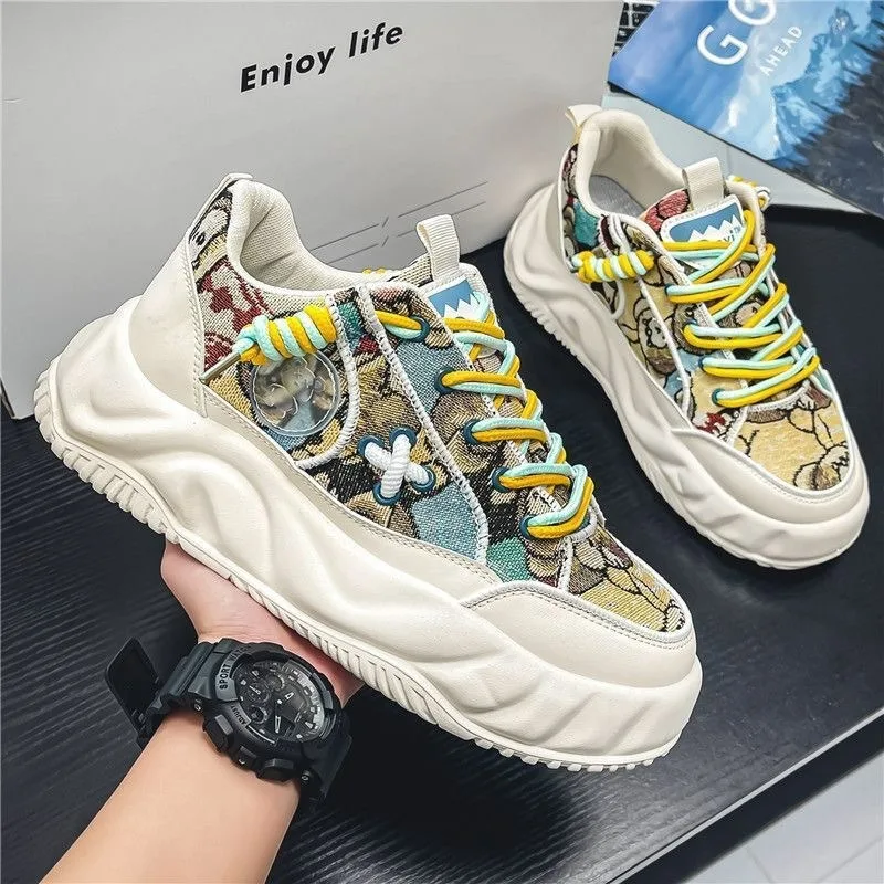 Sepatu kets olahraga pria motif grafiti, sepatu Sneakers olahraga lari kasual Platform mewah