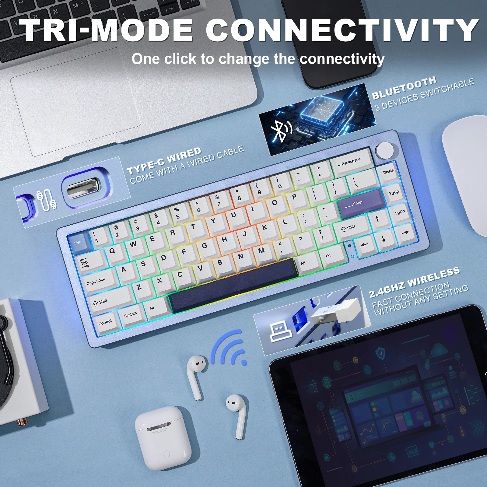 Imagem -02 - Yunzii-teclado Mecânico Azul sem Fio para Jogos Botão de Alumínio Cnc Bluetooth 2.4g Wired Hot Swap Gasket Montado Rgb Al66 66