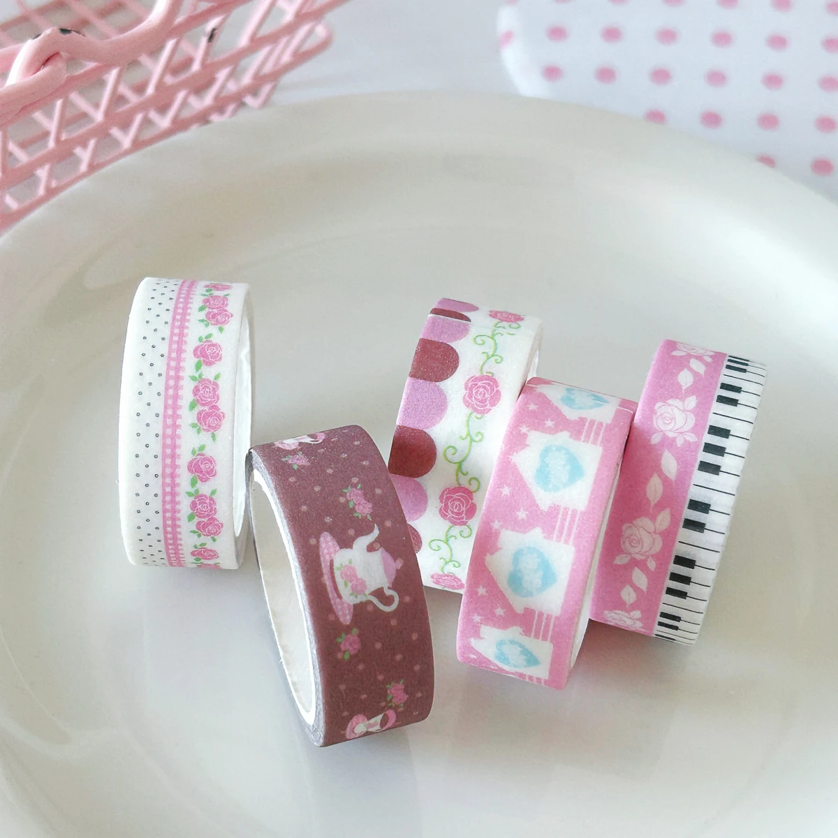 Vintage Pink Decorative Plastic Tape Rose Piano Tea Cup Cake Pattern 2m for Diary Junk Journal Gift Wrapping Collage DIY Decor