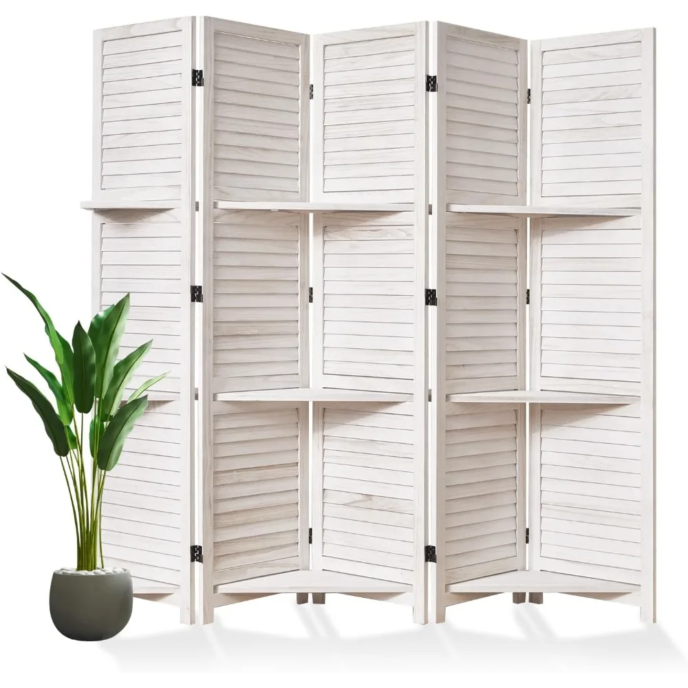 

Перегородка для комнаты с полками, складная деревянная ширма высотой 5,6 фута с двойными петлями для украшения дома, спальни, отеля (5 панелей)