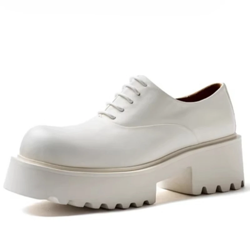 British Original White Wide Version Men's Dress Shoes for Male All-genuine Leather Derby Shoes Thick Sole Height Increasing Shoe