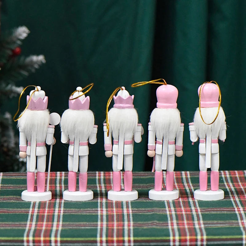 1Pc 13CM White&Pink Wooden Nutcracker Puppet Soldier Pendant Vintage Crafts Ornament Christmas New Year Home Decoration