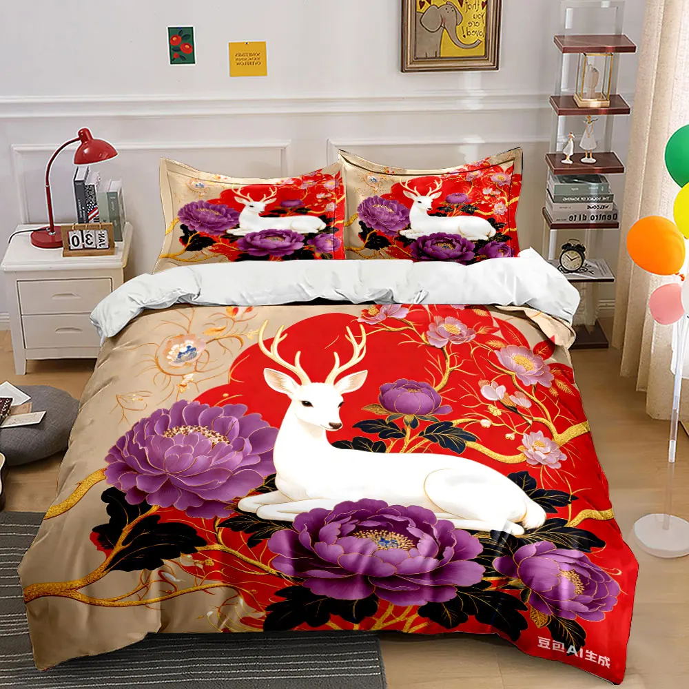 Elegant Deer and Floral Artwork - Decorative Set  kid's and adults' bedroom decor, Exquisite three-piece bedding set gift