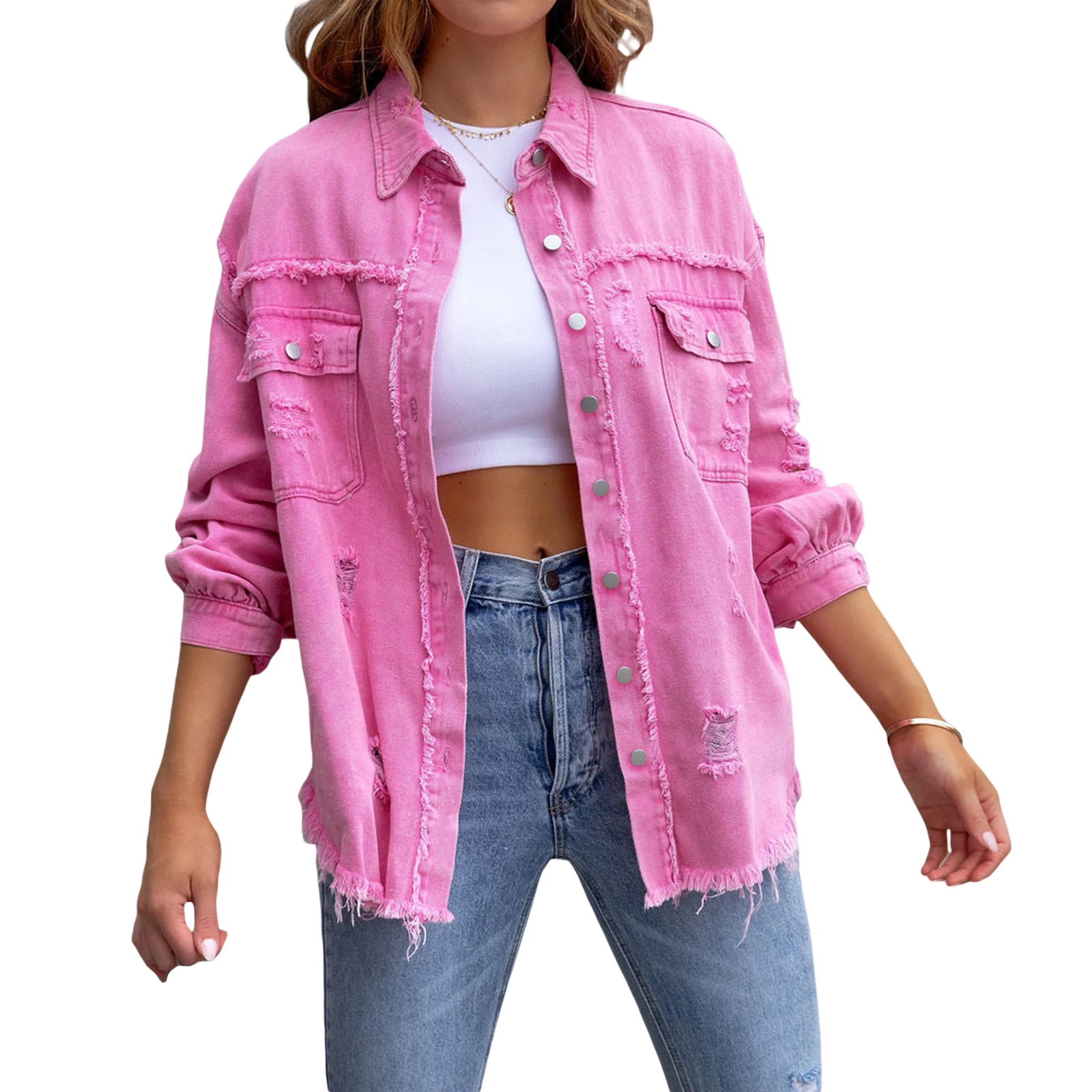 2023 Women's Ripped Denim Jackets Autumn Fashion Solid Casual Button Cardigan Lapel Long Sleeve Boyfriend Trucker Jean Coats