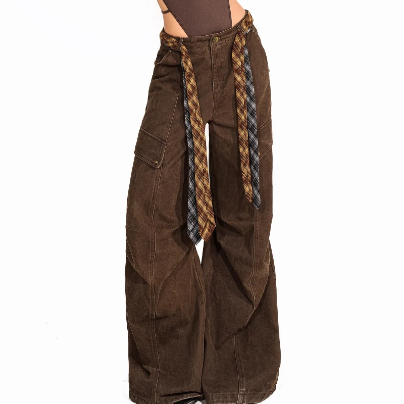 American Retro Pleated Women's Cargo Pants 2025 Autumn Winter New Wide-Leg Floor-Length Fleece-Lined Warm Versatile Jeans Ladies
