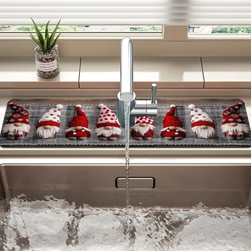VIKAMA Christmas Gnome Grey Plaid Faucet Mat Diatomite Super Absorbent Non Slip Kitchen Sink Tap Draining Pad