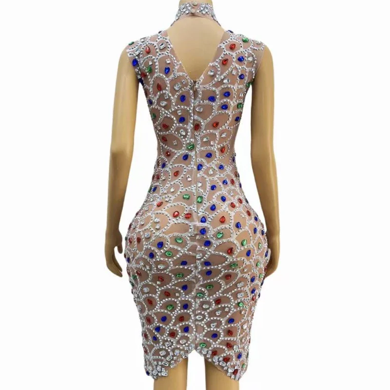 Kolorowa Sukienka Wieczorowa z Dużymi Kamieniami, Elastyczna, Seksowna, Przezroczysta Siateczka, Kostium na Imprezę, Urodziny, Strój XS6841