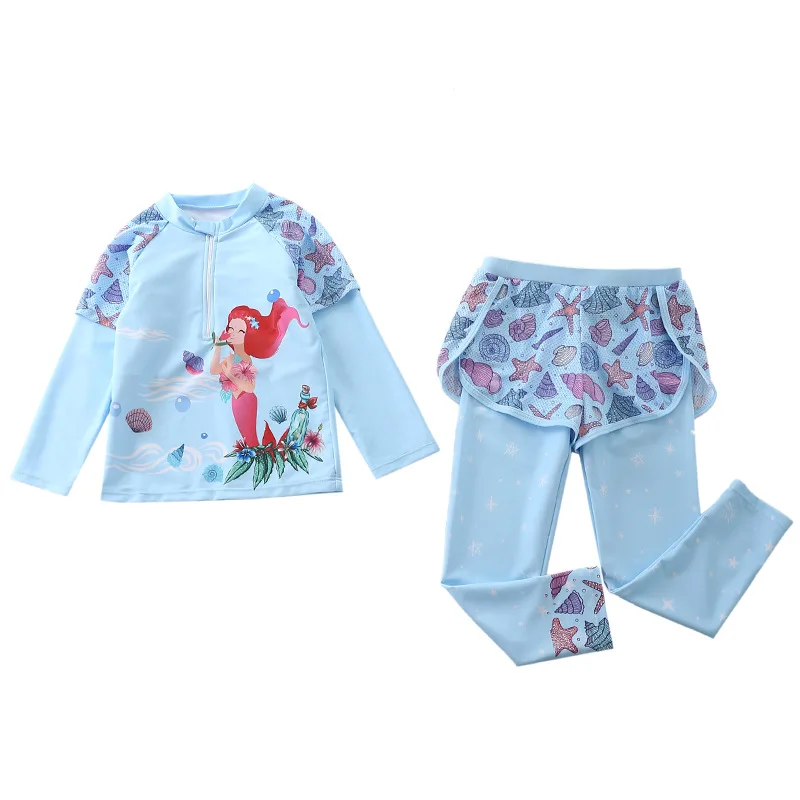 HappyFlute Fashion Style 16-38KG Girls Two Piece Sets  Long Sleeves Mermaid Printing  Waterproof Beach Swimwear