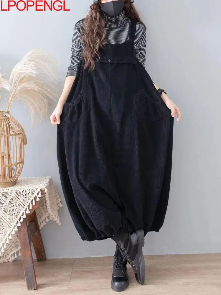 Autumn And Winter New Solid Color Corduroy Oversized Overalls Women\'s Loose Casual Bloomer Wide Leg Pants One-piece Pants Trend