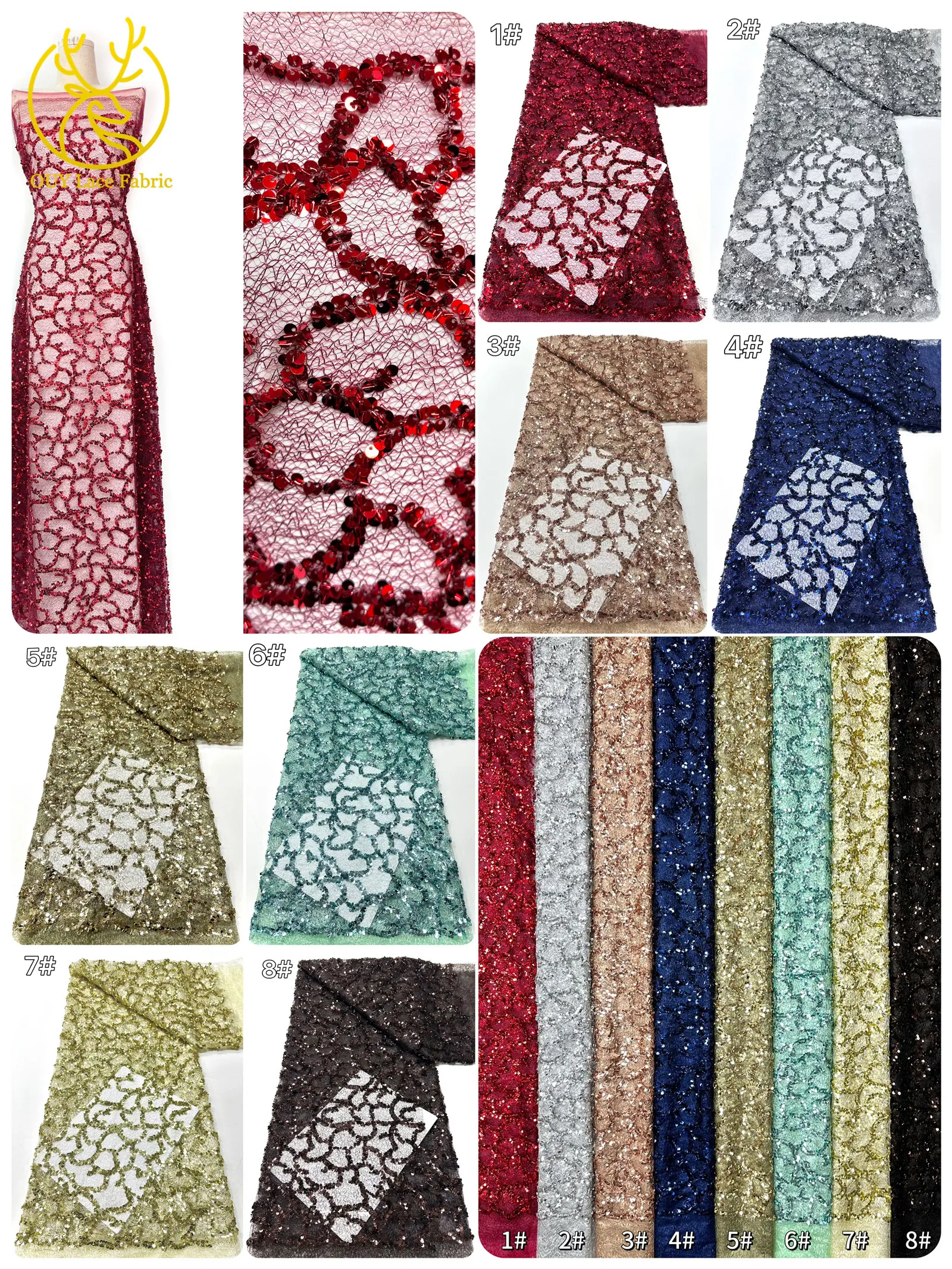 Großhandel Französischer Spitzenstoff 2026 Hochwertiger afrikanischer nigerianischer Pailletten-Spitzenstoff, geeignet für Partykleid-Nähmaterial – Detail 3
