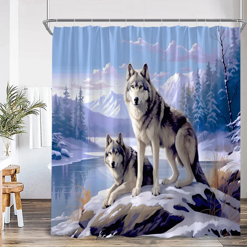 Wild Animal Wolf Shower Curtains Wildlife Winter Cedar Snow Landscape Wall Hanging Polyester Fabric Bathroom Curtain Decorative