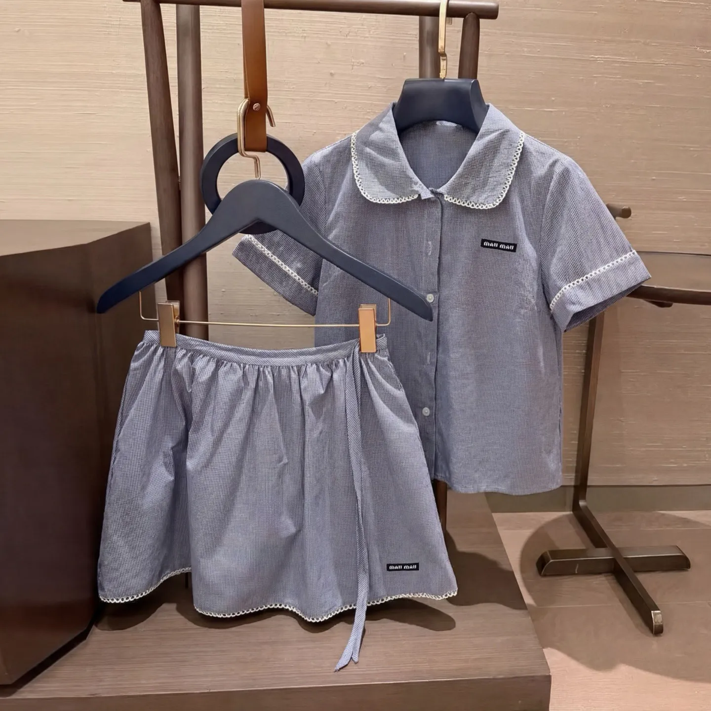 

2026 Spring Summer Plaid Shirt And Skirt Set Women Peter Pan Collar Long Sleeve Blouse High Waist Skirt 2 Piece Outfits