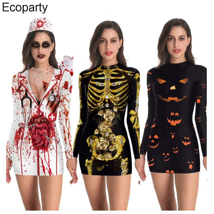 Mulheres 3D Impresso Assustador Esqueleto Sangrento Zombie Cosplay Fantasias, Horror Enfermeira Role Play, Mini Vestido Sexy Slim, Conjunto Engraçado, Dia das Bruxas