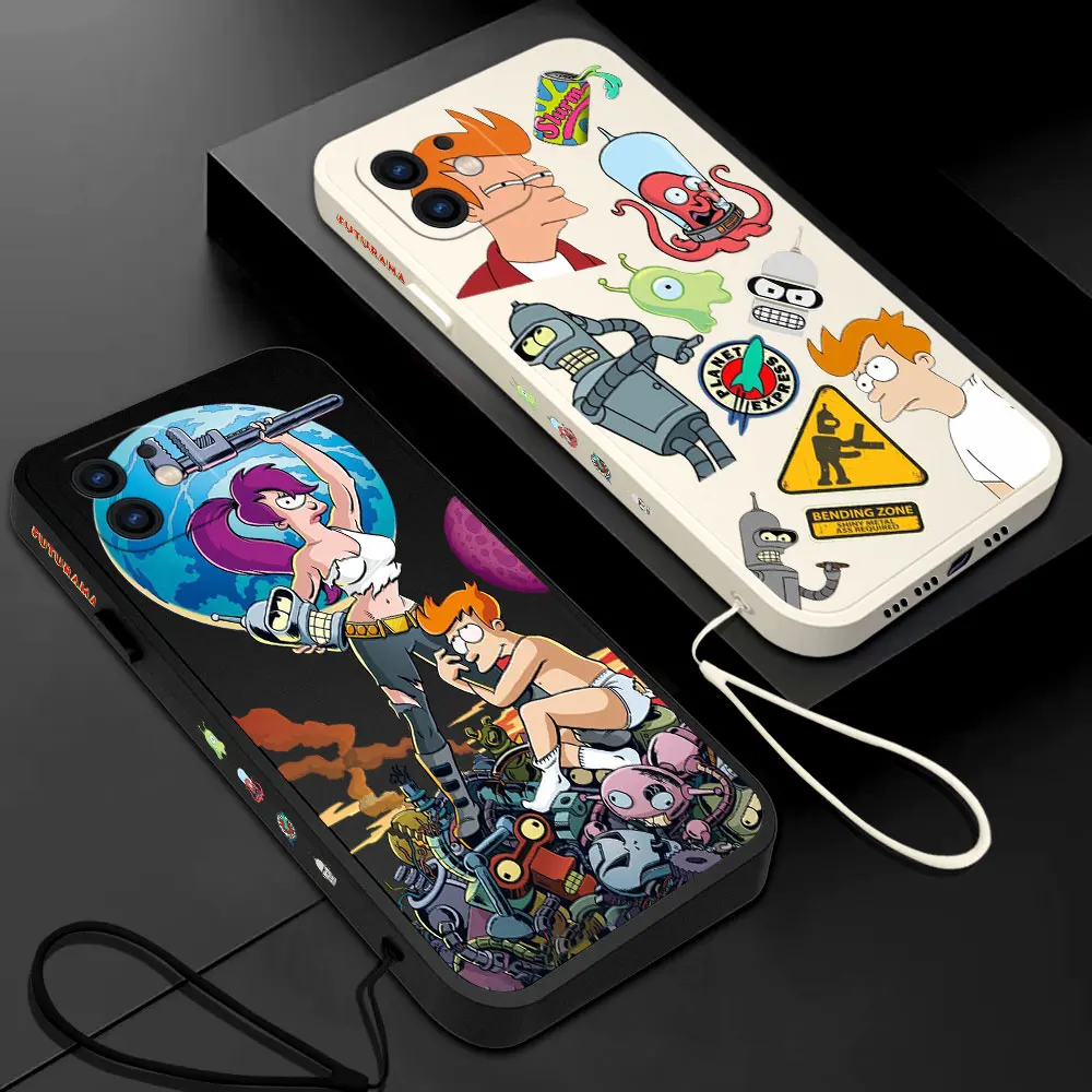 Anime Futurama Bender Phone Case For iPhone 15 14 13 12 11 Pro Max Mini X XR XSMAX 8 7 Plus Soft Silicone Cover With Hand Strap