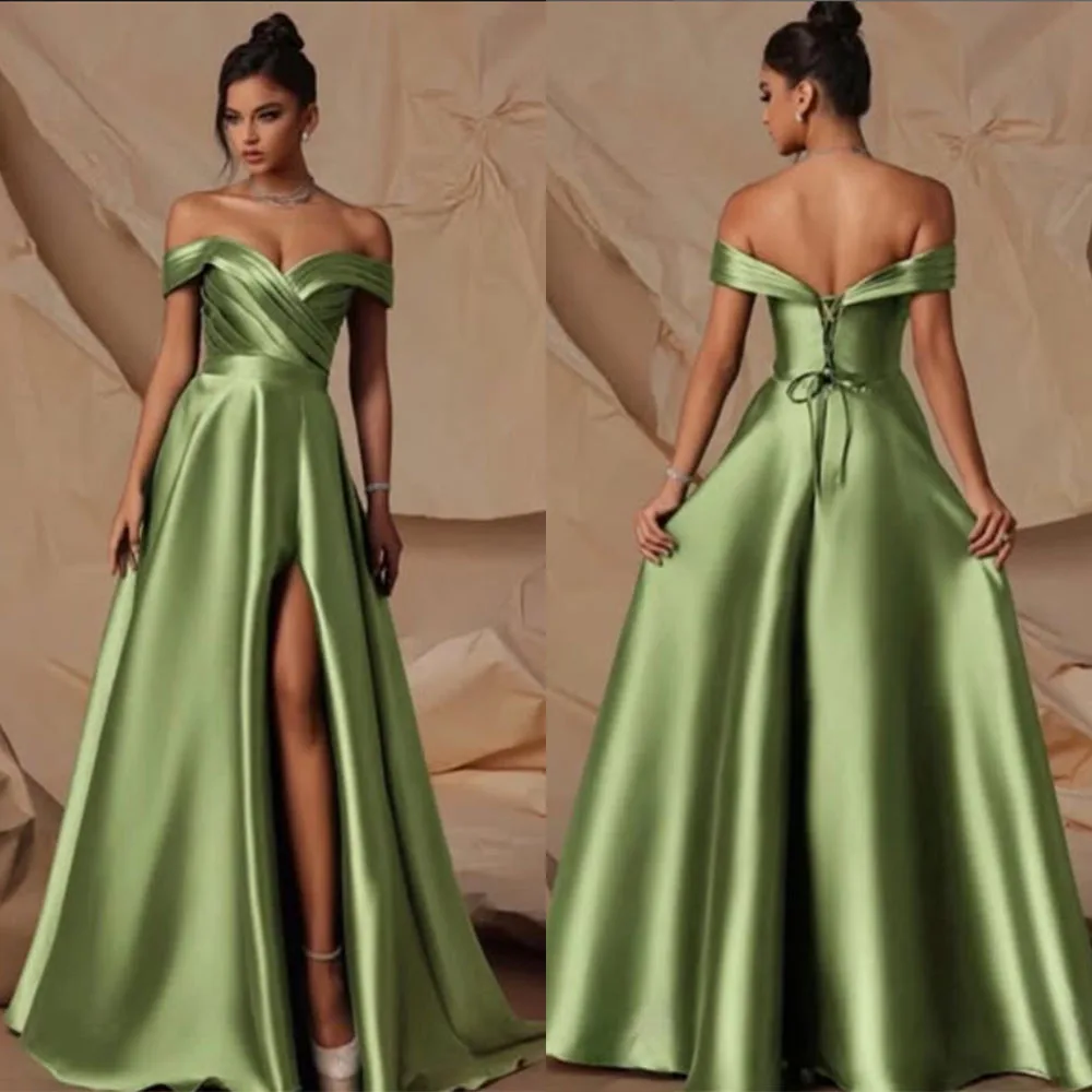 

High Quality Customized V-neck Floor Length High Fork Backless Back Strap Green Wrinkle Sleeveless Off Shoulder Evening Gowns