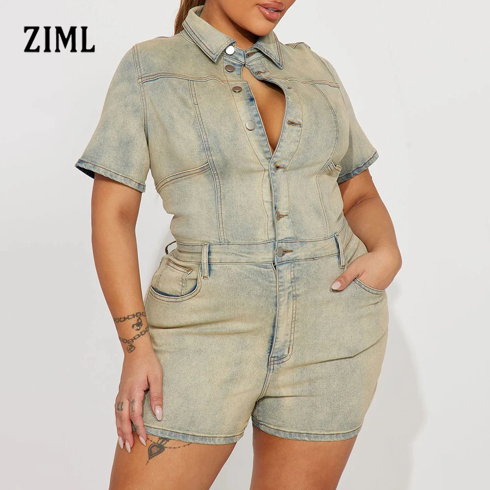 

ZIML Solid Sexy Patchwork Pockets Slimming Jumpsuits for Women Lapel Short Sleeves High Waist Chic Rompers Female Fashion Style
