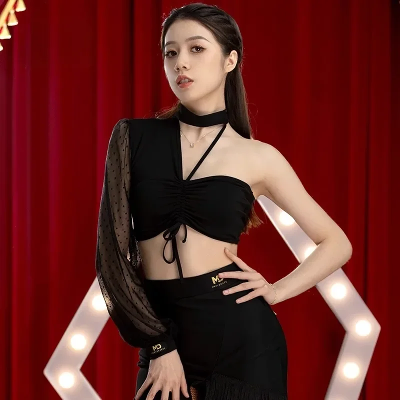 

Customized Latin Dance Dress Adult Female Hanging Neck Top National Standard Dance Practice Clothing Mesh Small Vest