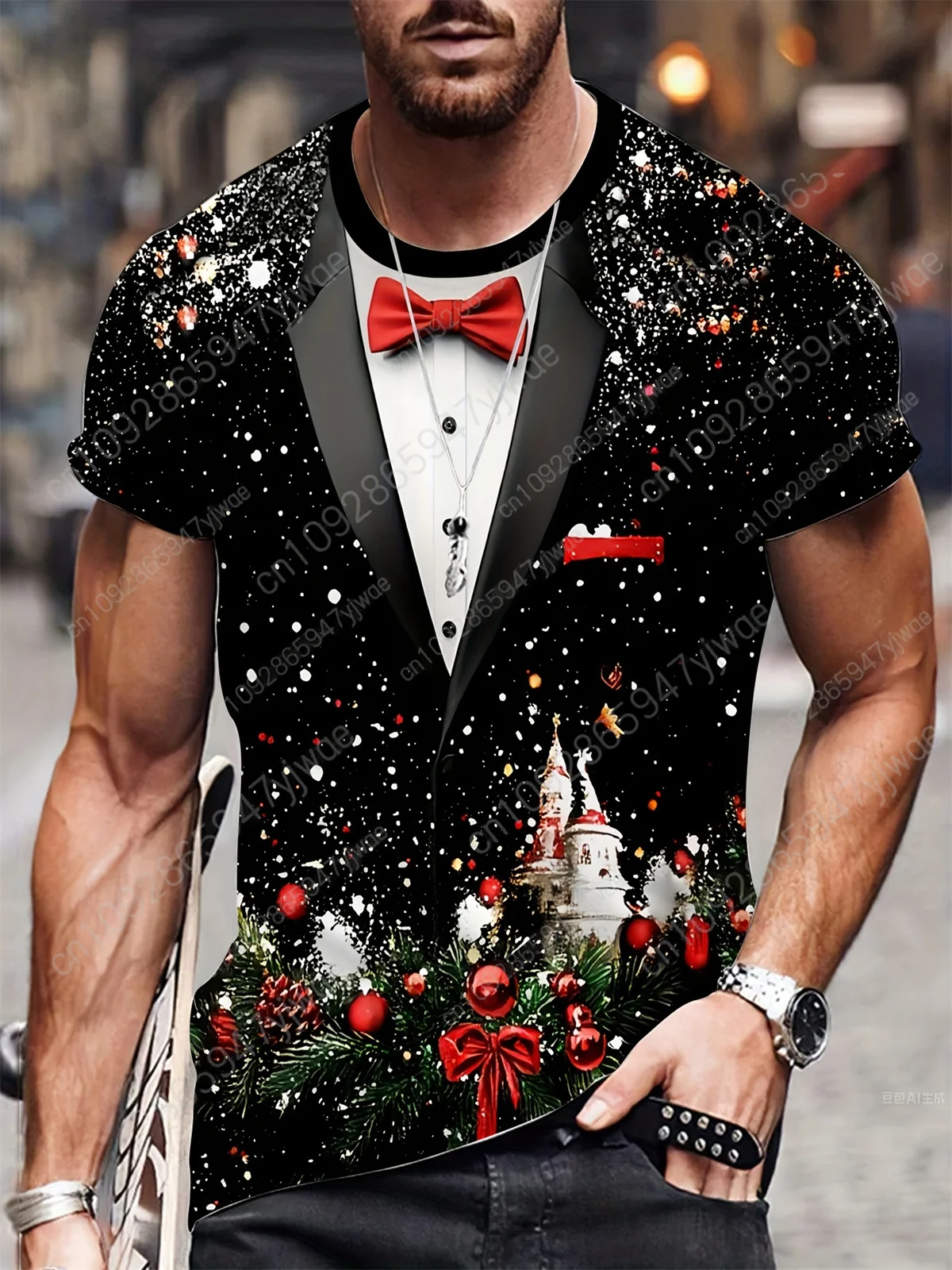 2025 عيد الميلاد جديد الرجال سانتا كلوز تي شيرت هدية عطلة ثلاثية الأبعاد تي شيرت مطبوع الجولة الرقبة موضة الشارع الشهير تي شيرت رجالي #3