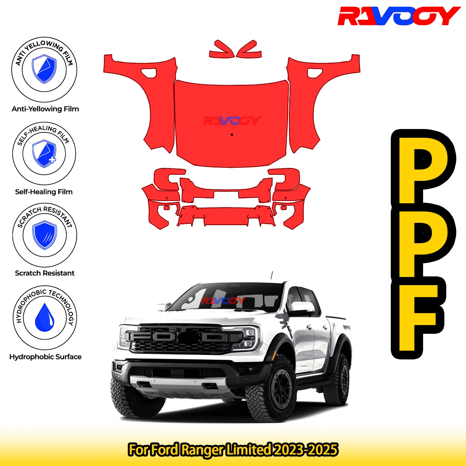 

Для Ford Ranger Limited 2023-2025 глянцевая матовая черная предварительно вырезанная передняя защитная пленка PPF комплект