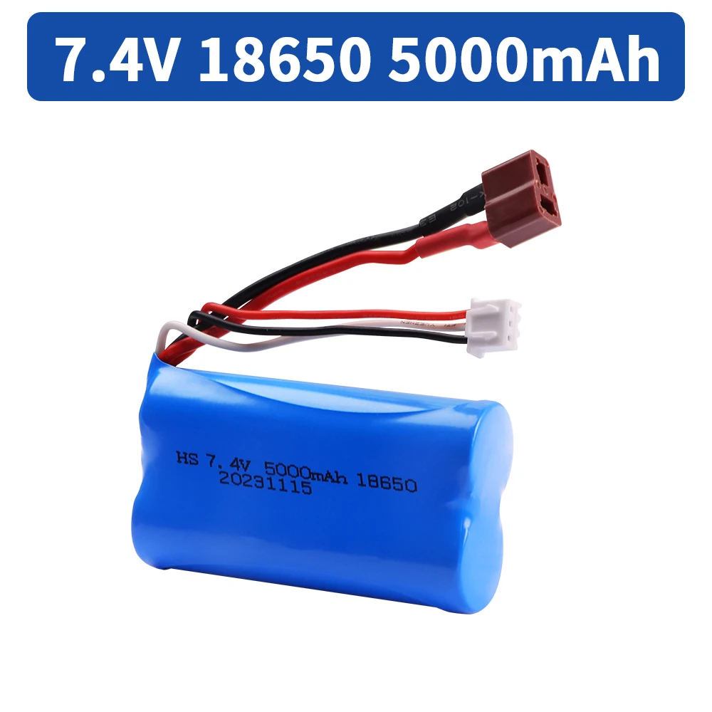 Upgrade baterai 7.4V 18650 5000MAH untuk mobil listrik, suku cadang mobil RC Wltoys 10428/12428/12423 / Q46 dengan pengisi daya 7.4V colokan T