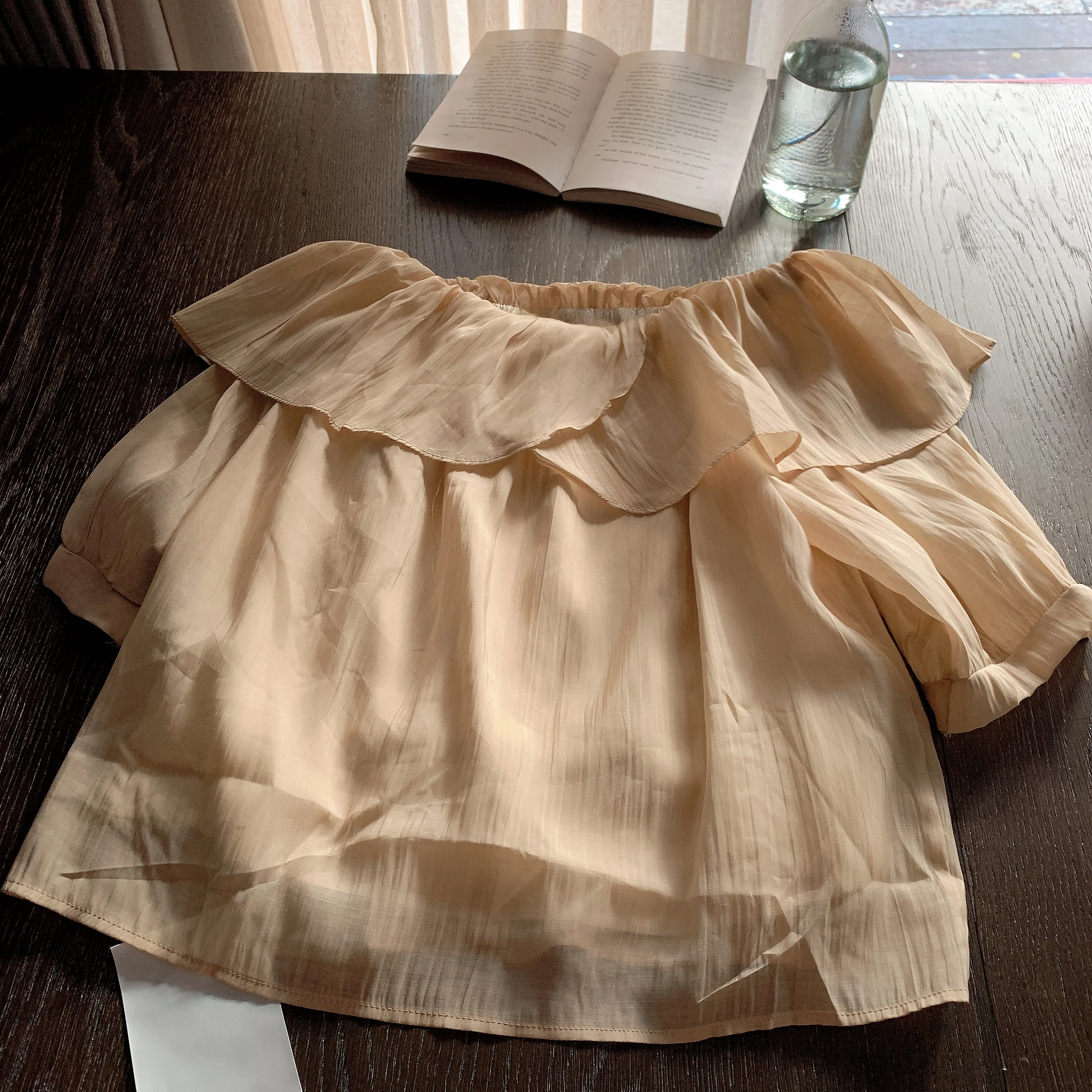 فستان شيفون بلون الشمبانيا والمشمش مع ياقة دانتيل مطرزة وطيات ريترو قابل للتنفس مع طبقة داخلية مزدوجة