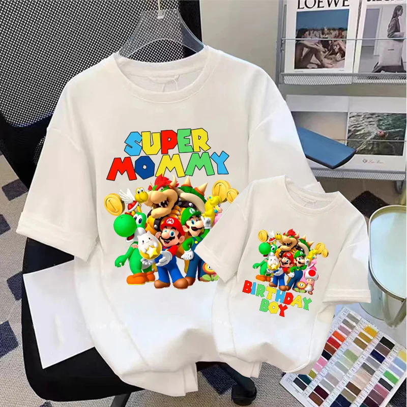 

Super Marios Family T-shirt White Black Anime Printed Short Sleeve Tops Clothes Parent Kids Cotton Birthday Matching Outfits Tee