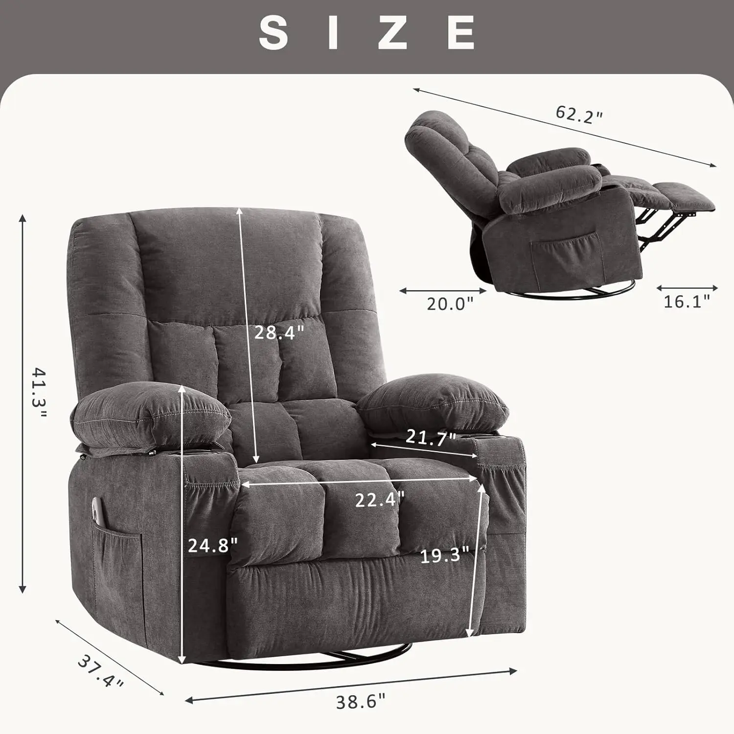 Rocker Recliner Chair with Vibration Massage and Heat for Living Room Swivel Recliner Chair with Rocking Function and 2