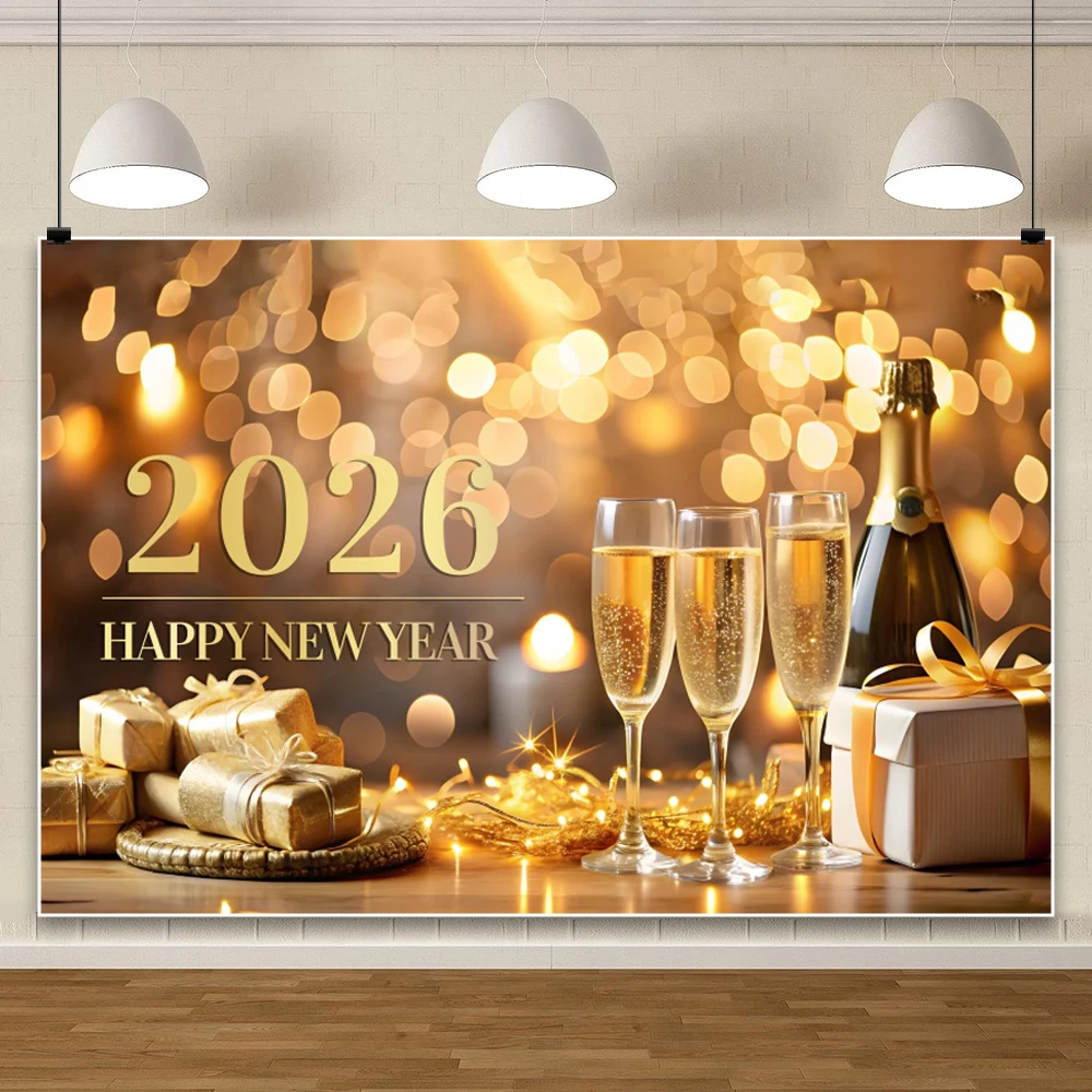 2026 New Year Party Celebration Shooting Backdrop Golden Balloons Champagne Glitter Lights Cheers Family Portrait Backgrounds