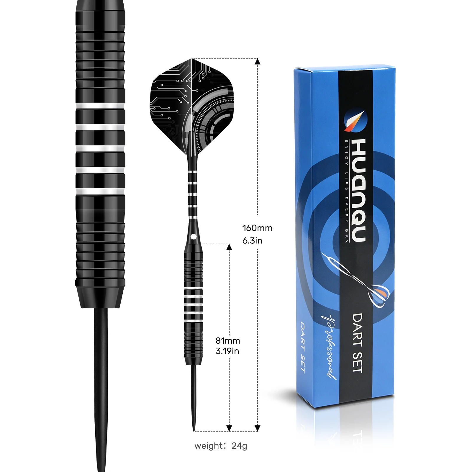 HUANQU 24g Iron Steel Tip Darts Set, Textured Grip, Spare Shafts & Flights, Portable Case, Adult Training, Bar Games